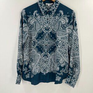 Chico's Size 1‎ (M/8) Blue Button Down Shirt Long Sleeve Satin Blouse Classic